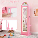 INFANS Kids Jewelry Armoire Cabinet, 360° Swivel Lockable Standing Makeup Organizer with Interior Lights, Rotatable Full-Length LED Vanity Mirror with Foldable Fabric Drawer for Girls