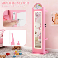 INFANS Kids Jewelry Armoire Cabinet, 360° Swivel Lockable Standing Makeup Organizer with Interior Lights, Rotatable Full-Length LED Vanity Mirror with Foldable Fabric Drawer for Girls