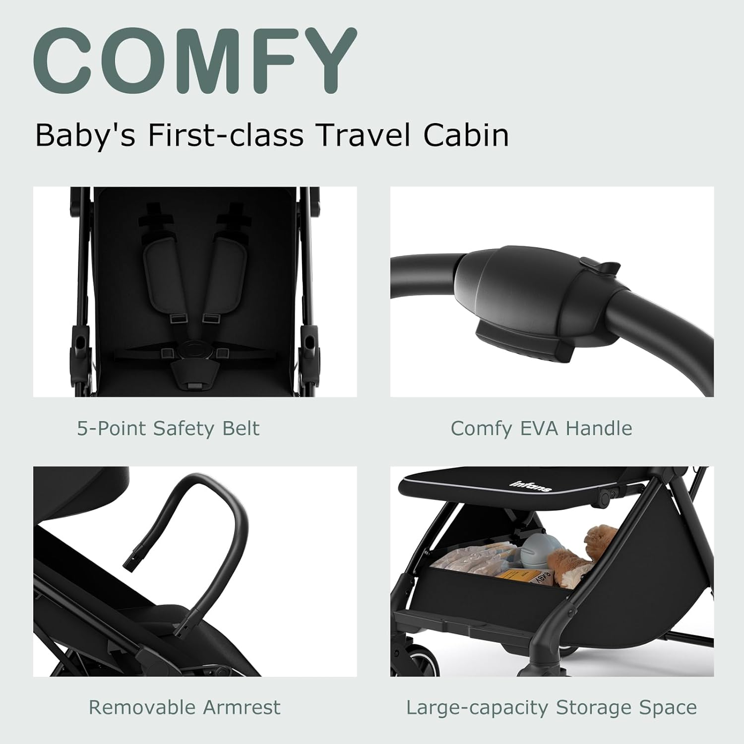 INFANS Ultra-Compact Fold Airplane Ready Travel Stroller, One-Hand Gravity Fold Near Flat Recline Seat