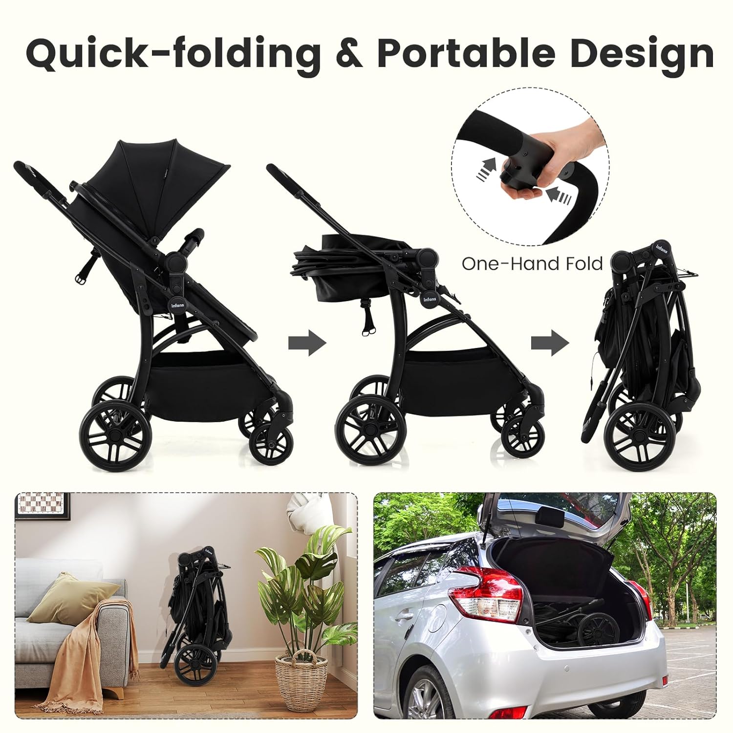 INFANS 2 in 1 Baby Stroller, Convertible Stroller with Reversible Seat Adjustable Backrest Canopy One Hand Fold