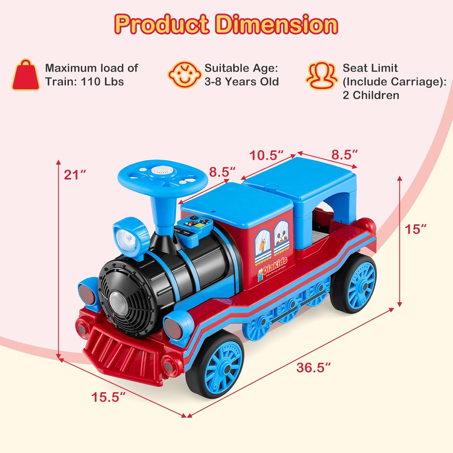 INFANS 2-Seater Kids Ride on Train Trackless, 12V Battery Powered Electric Toy with Train Whistle, Music, LED Lights, 2 Speeds, Soft Start, Gift for Toddlers Boys Girls