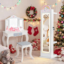 INFANS Kids Jewelry Armoire Cabinet, 360° Swivel Lockable Standing Makeup Organizer with Interior Lights, Rotatable Full-Length LED Vanity Mirror with Foldable Fabric Drawer for Girls