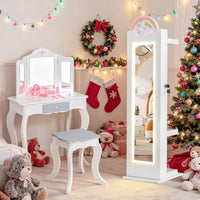 INFANS Kids Jewelry Armoire Cabinet, 360° Swivel Lockable Standing Makeup Organizer with Interior Lights, Rotatable Full-Length LED Vanity Mirror with Foldable Fabric Drawer for Girls