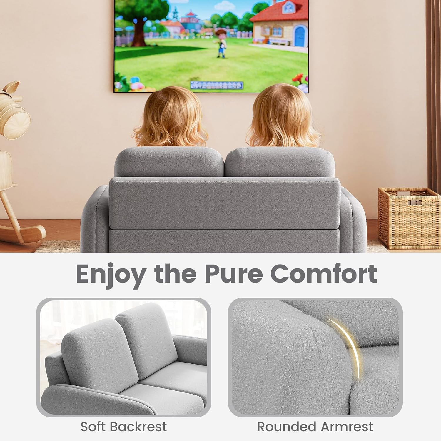 INFANS Kids Sofa, 2 Seat Soft Thick Upholstered Couch with Plush Fabric Solid Wooden Frame, Armrest Chair Lounge for Playroom Kids Boys Girls