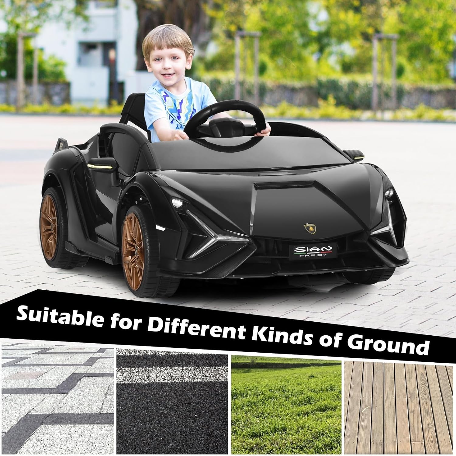 INFANS 12V Licensed Lamborghini Sian Kids Ride on Car with Parent Remote Control, Electric Toy Roadster Carbon Fiber Textured