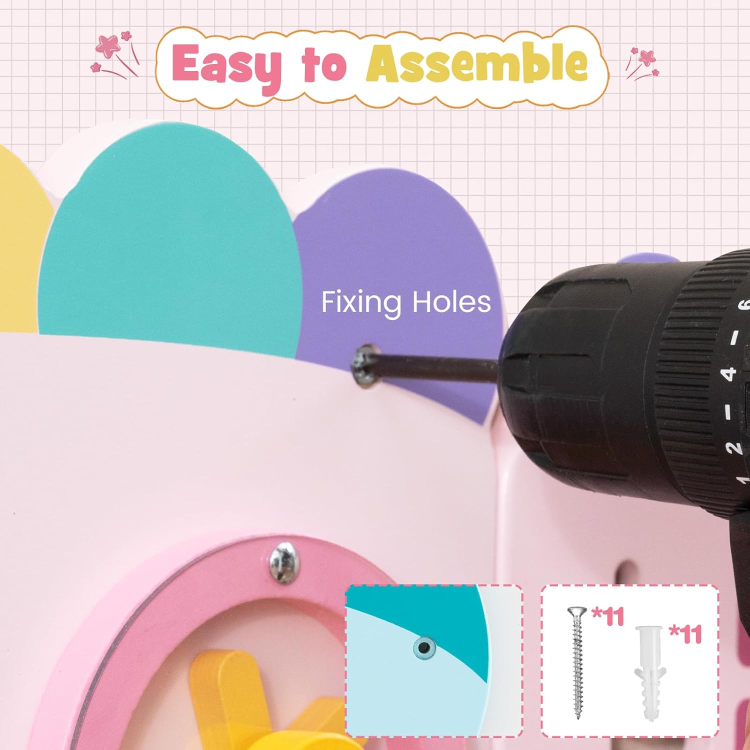 INFANS Pink Castle Sensory Wall, 11 in 1 Wooden Montessori Busy Board Panel, Toddler Wall Mounted Activity Center, Educational Toys Learning Gift for Boys Girls