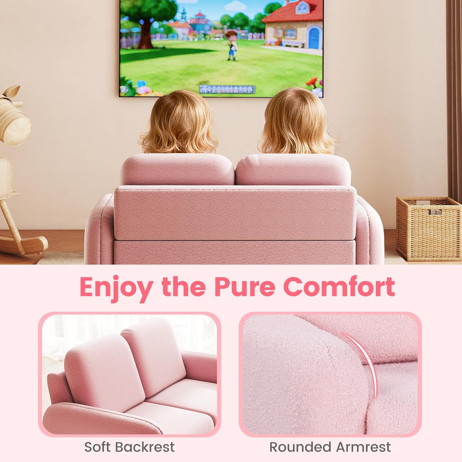 INFANS Kids Sofa, 2 Seat Soft Thick Upholstered Couch with Plush Fabric Solid Wooden Frame, Armrest Chair Lounge for Playroom Kids Boys Girls