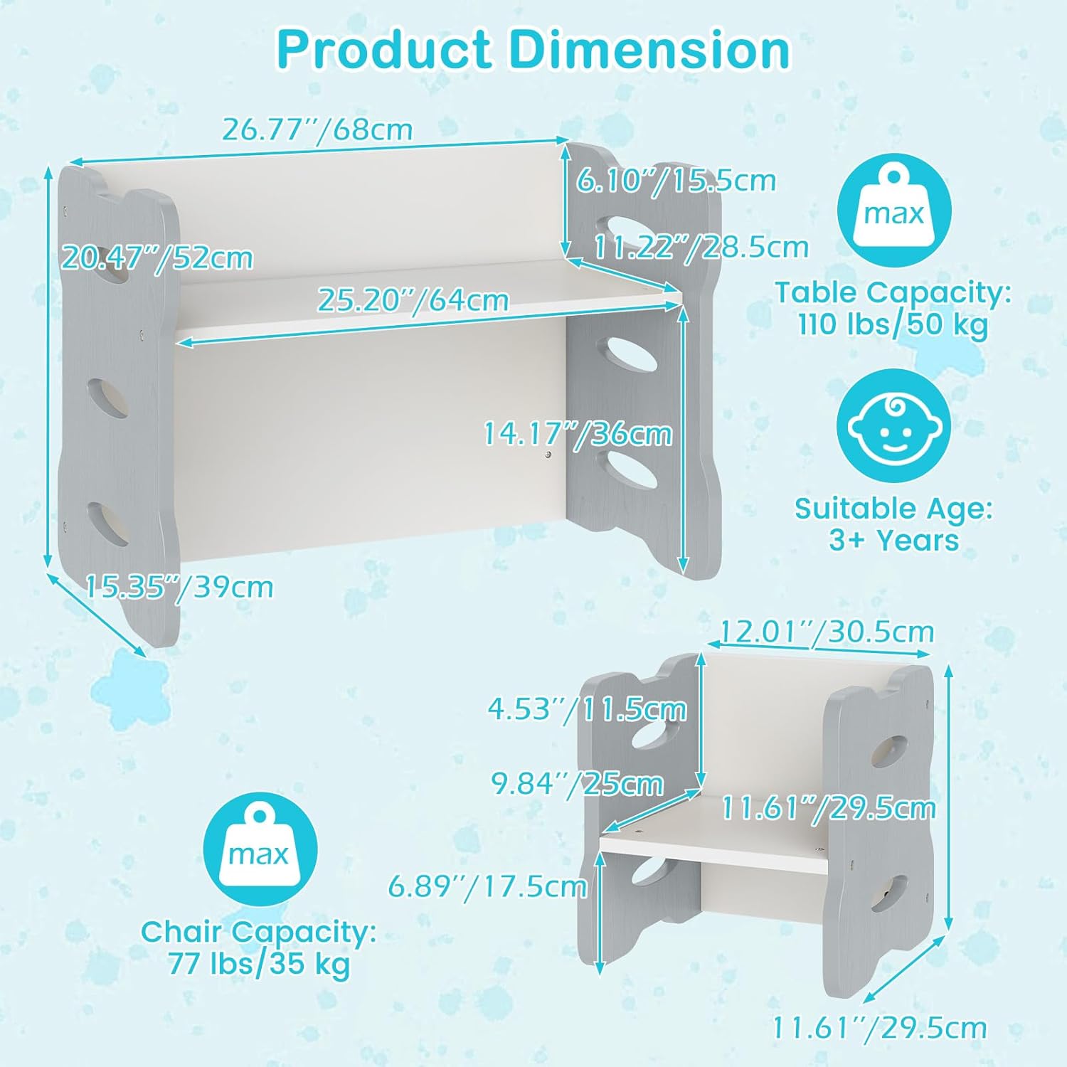 INFANS Kids Table and Chair Set, Toddler 3-Piece Activity Table with 2 Chairs for Building Block Drawing Reading Eating Art Crafts, Children Montessori Furniture for Playroom Kindergarten
