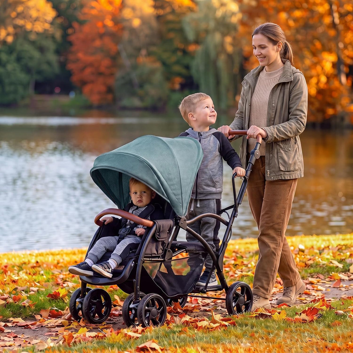 INFANS Double Stroller with Leather Handle, Front Seat 2-Position Recline, Dual Rear Brakes and Lockable Front Wheels