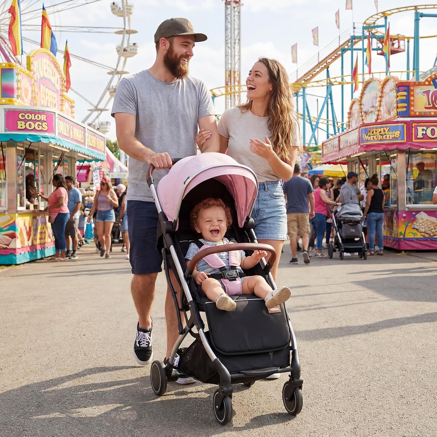 INFANS Lightweight Travel Stroller, Compact Airplane Baby Stroller with One-Hand Fold, Recline, Canopy, Suspension & Storage