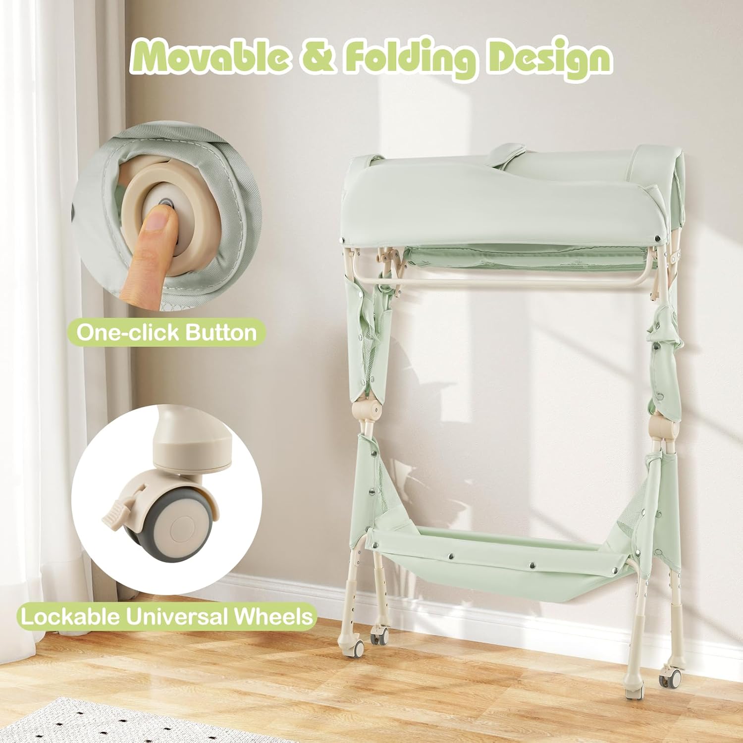INFANS Baby Changing Table with Wheels, Portable Folding Diaper Station Nursery Organizer with Safety Belt
