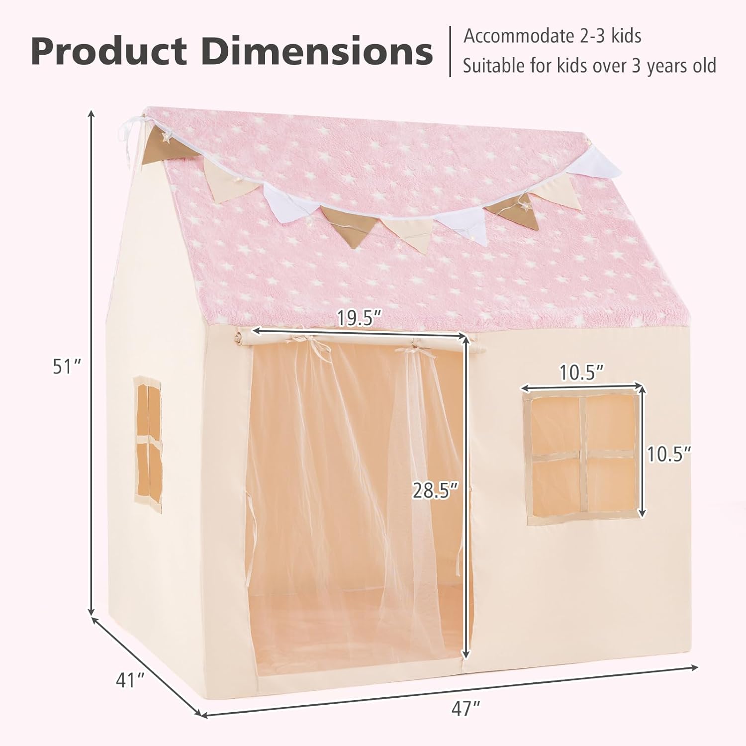 INFANS Kids Play Tent with Fluorescent Roof Washable Mat Star Light Colorful Flag Windows, Anti-Trip Large Playhouse Toys