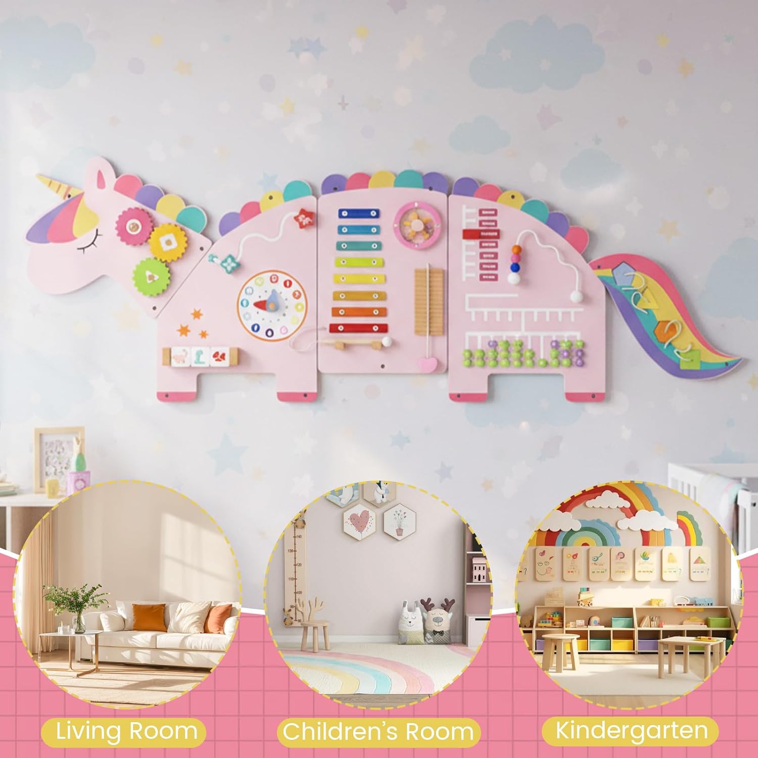 INFANS Pink Castle Sensory Wall, 11 in 1 Wooden Montessori Busy Board Panel, Toddler Wall Mounted Activity Center, Educational Toys Learning Gift for Boys Girls