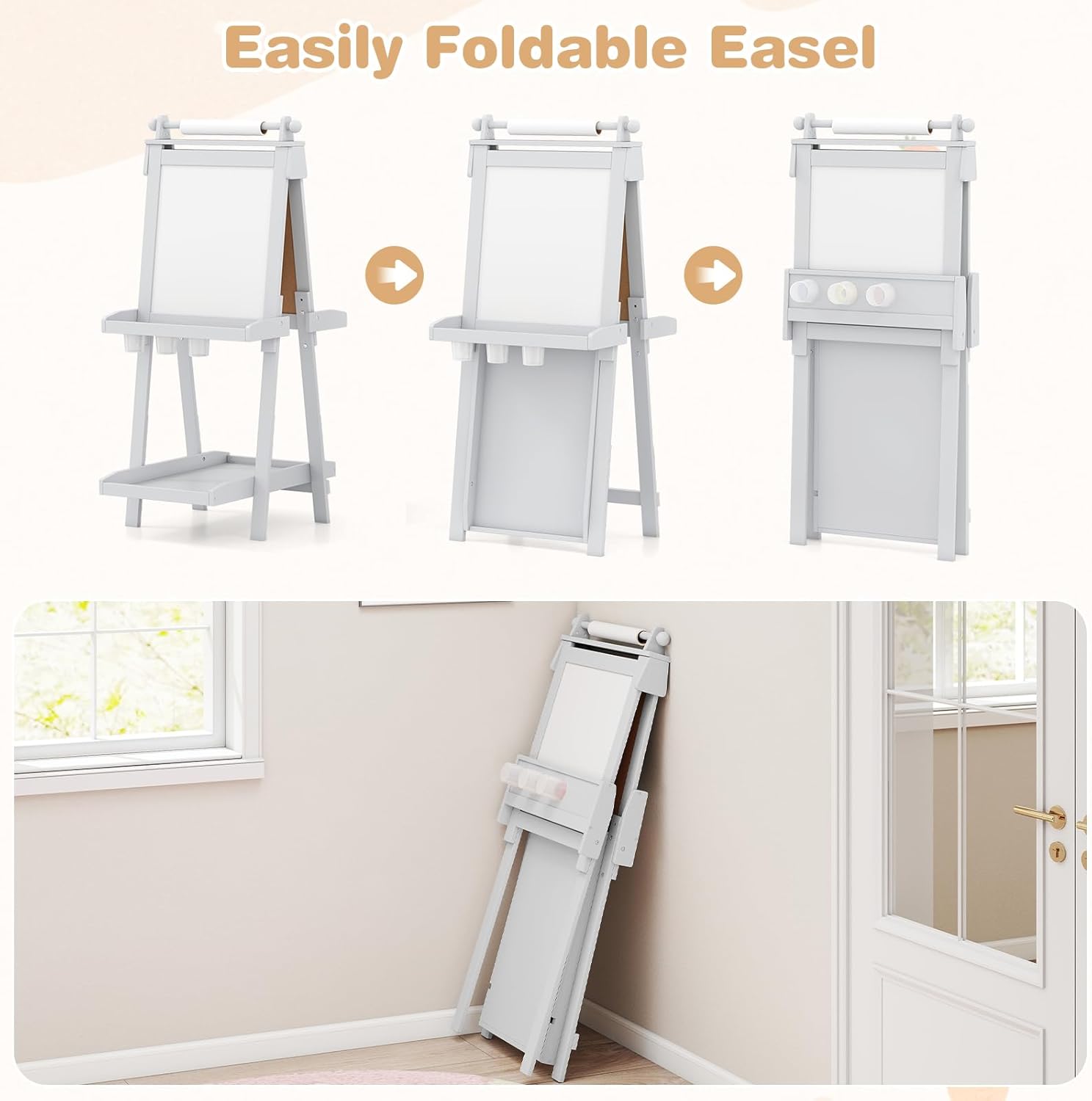 INFANS Easel for Kids, 3 in 1 Adjustable Painting Art Board, Foldable Double-Sided Wooden Drawing Chalkboard Magnetic Whiteboard with Paper Roll, Storage Rack, Cups for Boy Girls