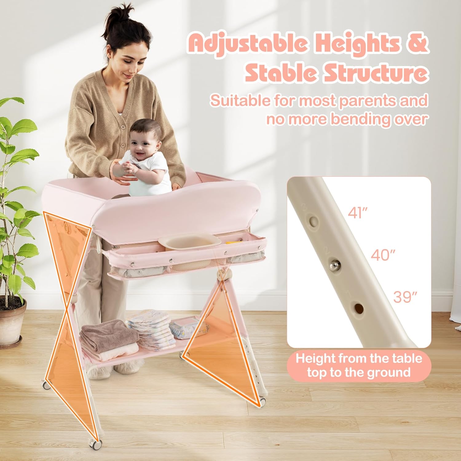 INFANS Baby Changing Table with Wheels, Portable Folding Diaper Station Nursery Organizer with Safety Belt