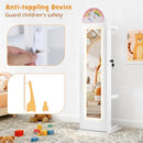 INFANS Kids Jewelry Armoire Cabinet, 360° Swivel Lockable Standing Makeup Organizer with Interior Lights, Rotatable Full-Length LED Vanity Mirror with Foldable Fabric Drawer for Girls