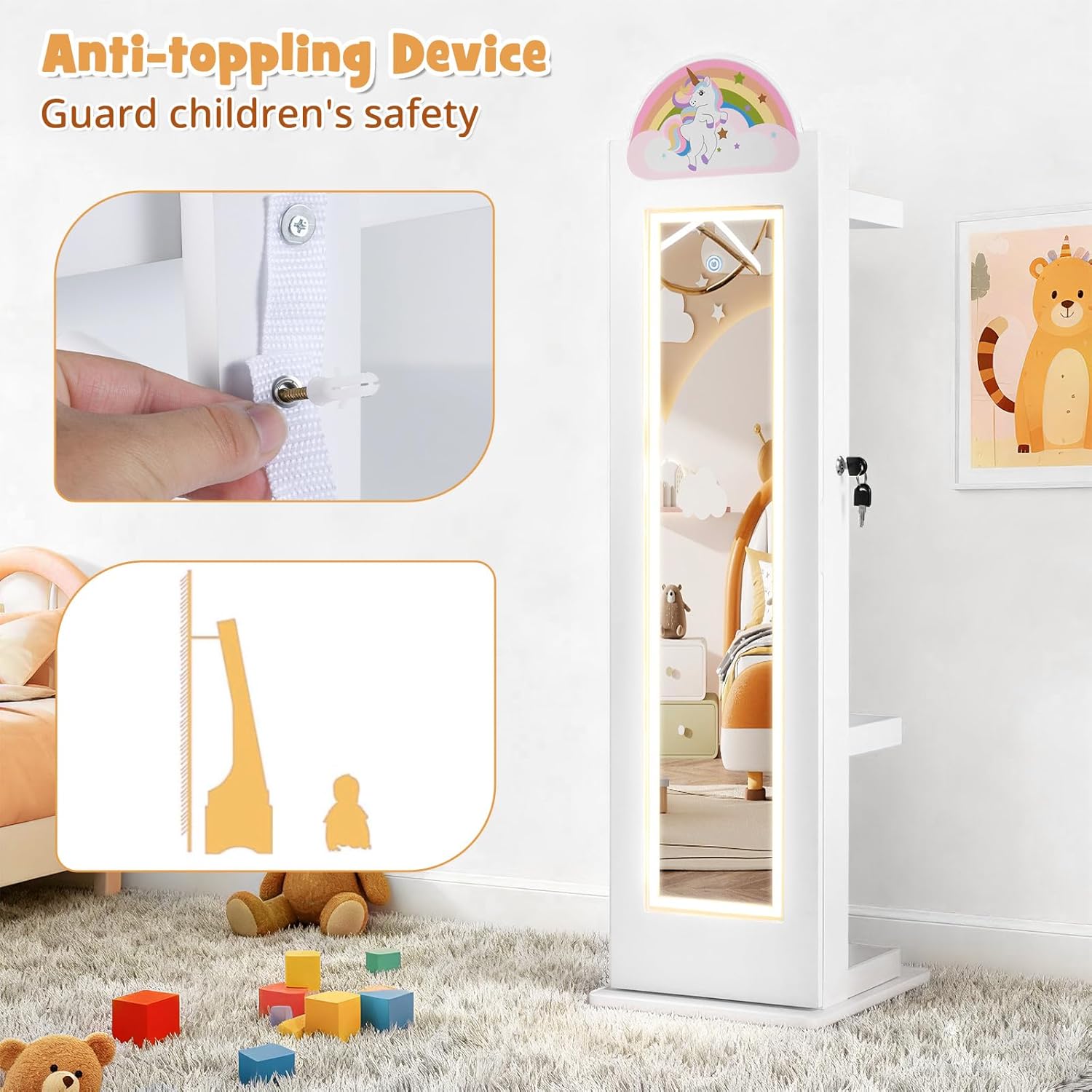 INFANS Kids Jewelry Armoire Cabinet, 360° Swivel Lockable Standing Makeup Organizer with Interior Lights, Rotatable Full-Length LED Vanity Mirror with Foldable Fabric Drawer for Girls