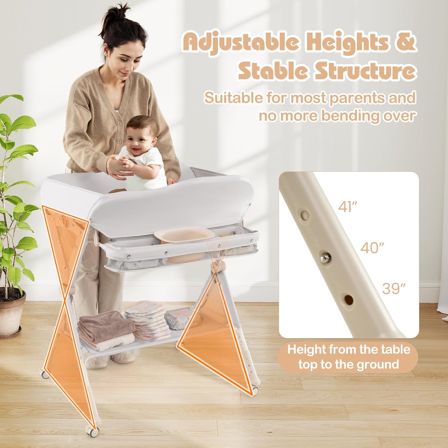 INFANS Baby Changing Table with Wheels, Portable Folding Diaper Station Nursery Organizer with Safety Belt