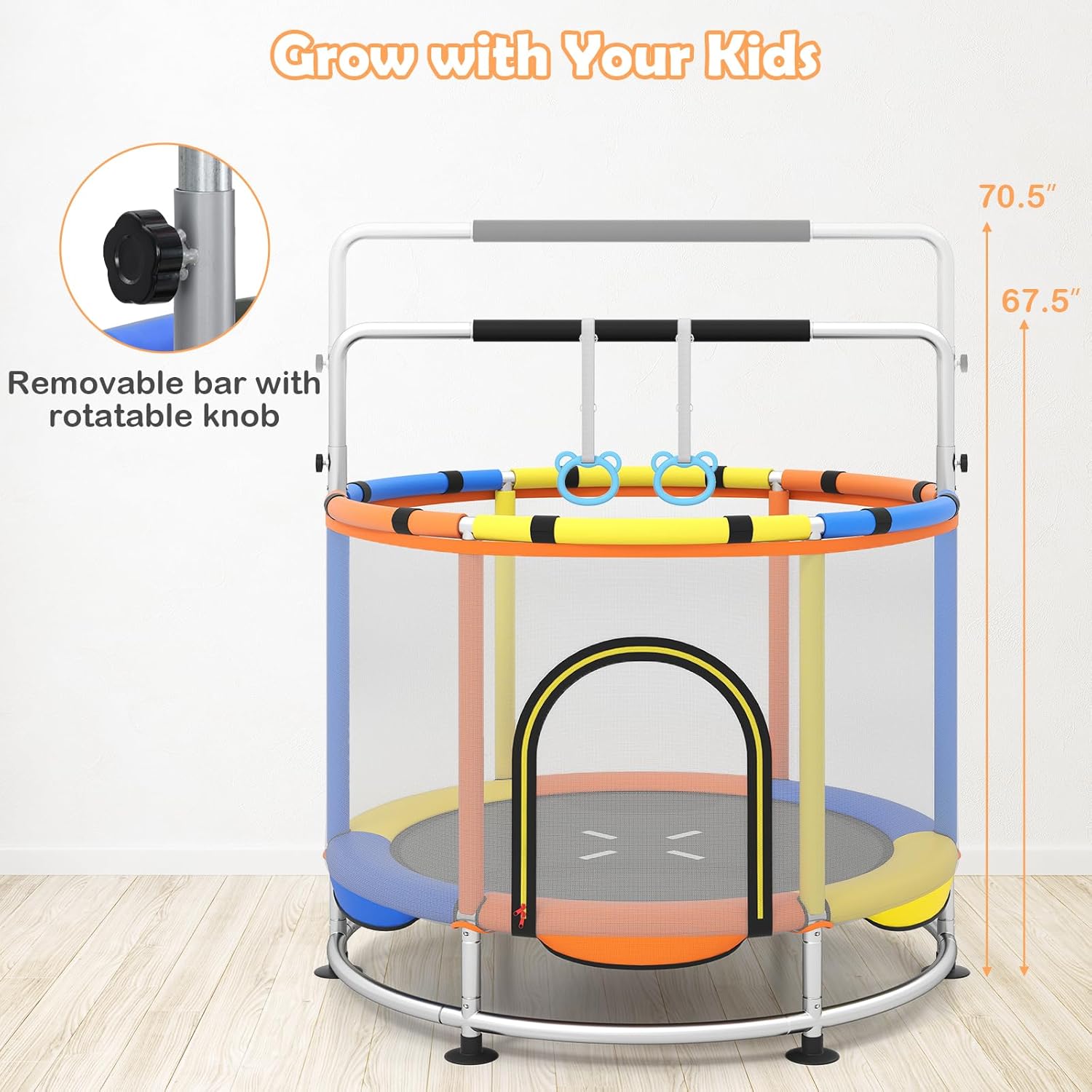 INFANS Trampoline for Kids, Indoor Outdoor Adjustable Toddler Trampoline with Safety Enclosure Net