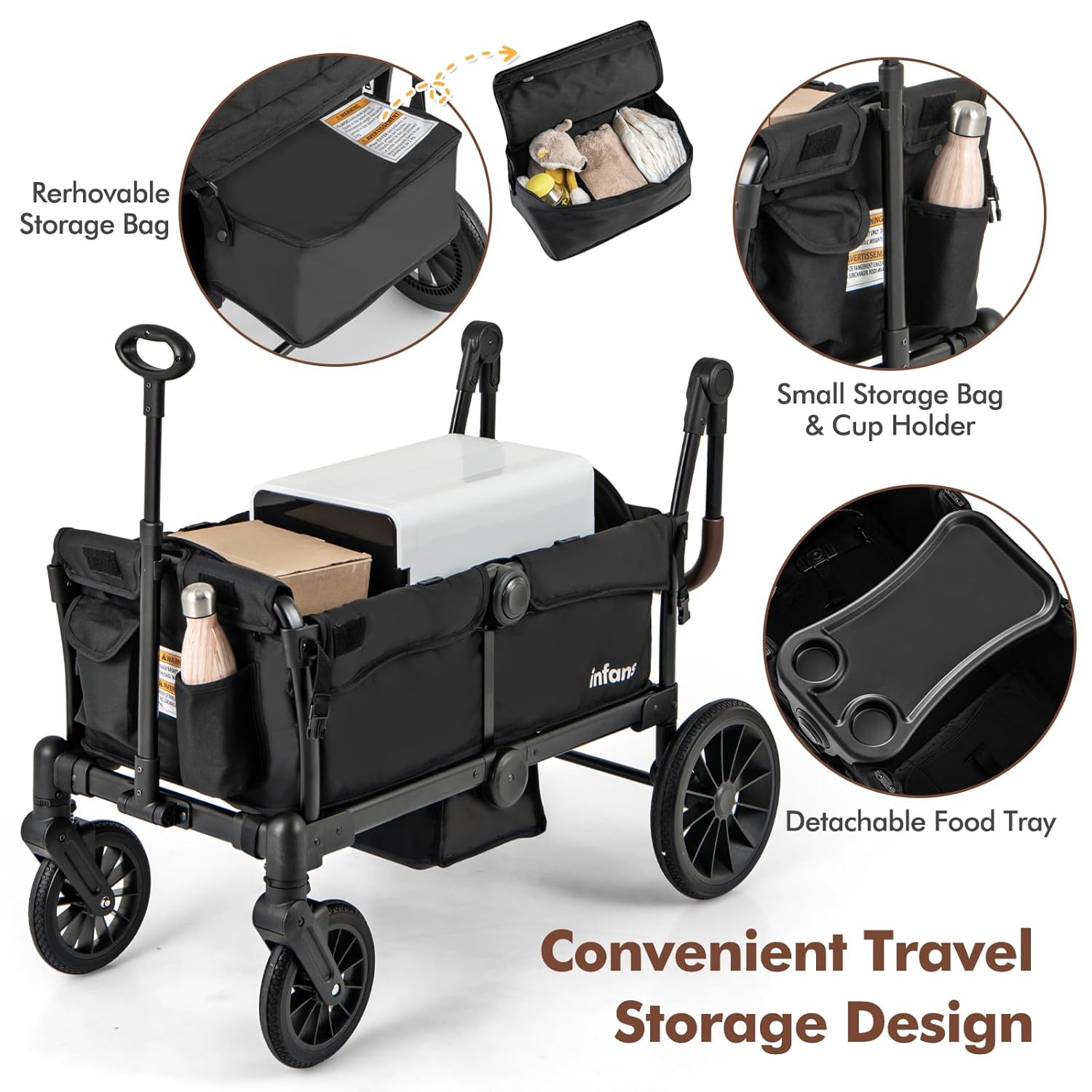 INFANS Wagon Stroller for 2 Kids, Collapsible Adjustable Push Pull Handle Bar, 2 Seater Stroller Wagon