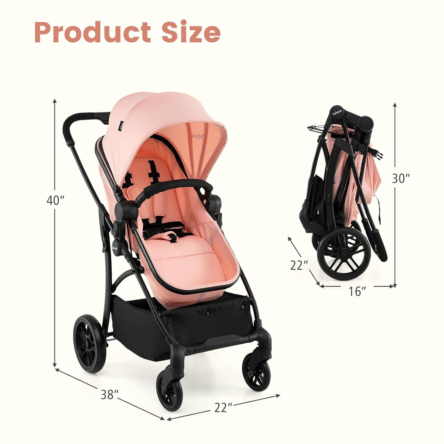 INFANS 2 in 1 Baby Stroller, Convertible Stroller with Bassinet Reversible Seat Adjustable Backrest Canopy One Hand Fold