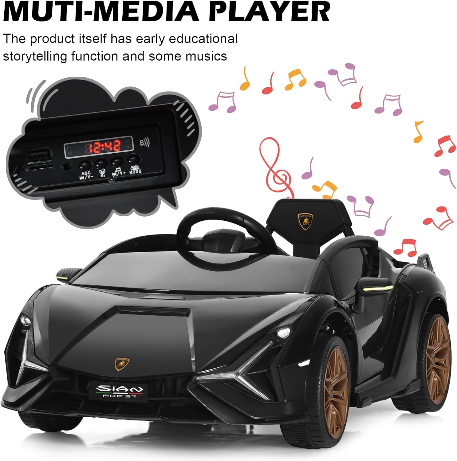 INFANS 12V Licensed Lamborghini Sian Kids Ride on Car with Parent Remote Control, Electric Toy Roadster Carbon Fiber Textured