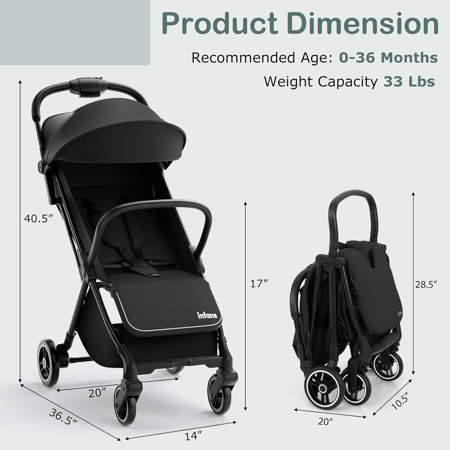 INFANS Ultra-Compact Fold Airplane Ready Travel Stroller, One-Hand Gravity Fold Near Flat Recline Seat