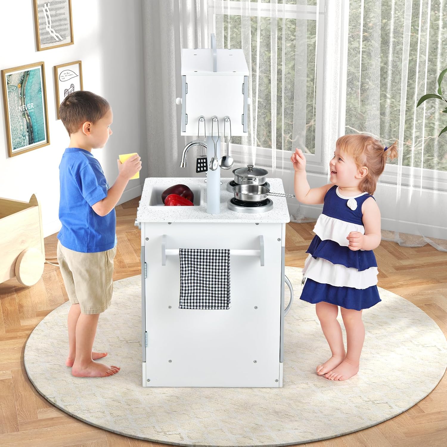 INFANS 2 in 1 Kids Play Kitchen and Restaurant, Double Sided Toddler Wooden Pretend Cooking Set with Stove Sink Microwave Storage Cabinet, Simulation Kitchen Toy Set for Boys Girls