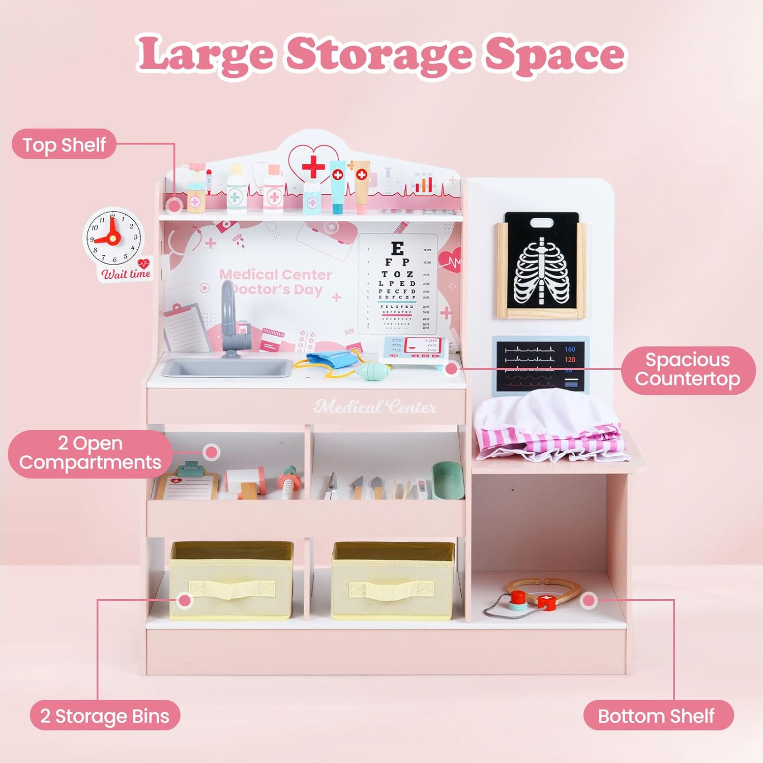 INFANS Kids Doctor Playset, Wooden Pretend Medical Station Activity Center Toy Set with 26 Interactive Veterinarian Accessories, Nurse Uniform X-Ray Film Stethoscope ECG Monitor for Toddler