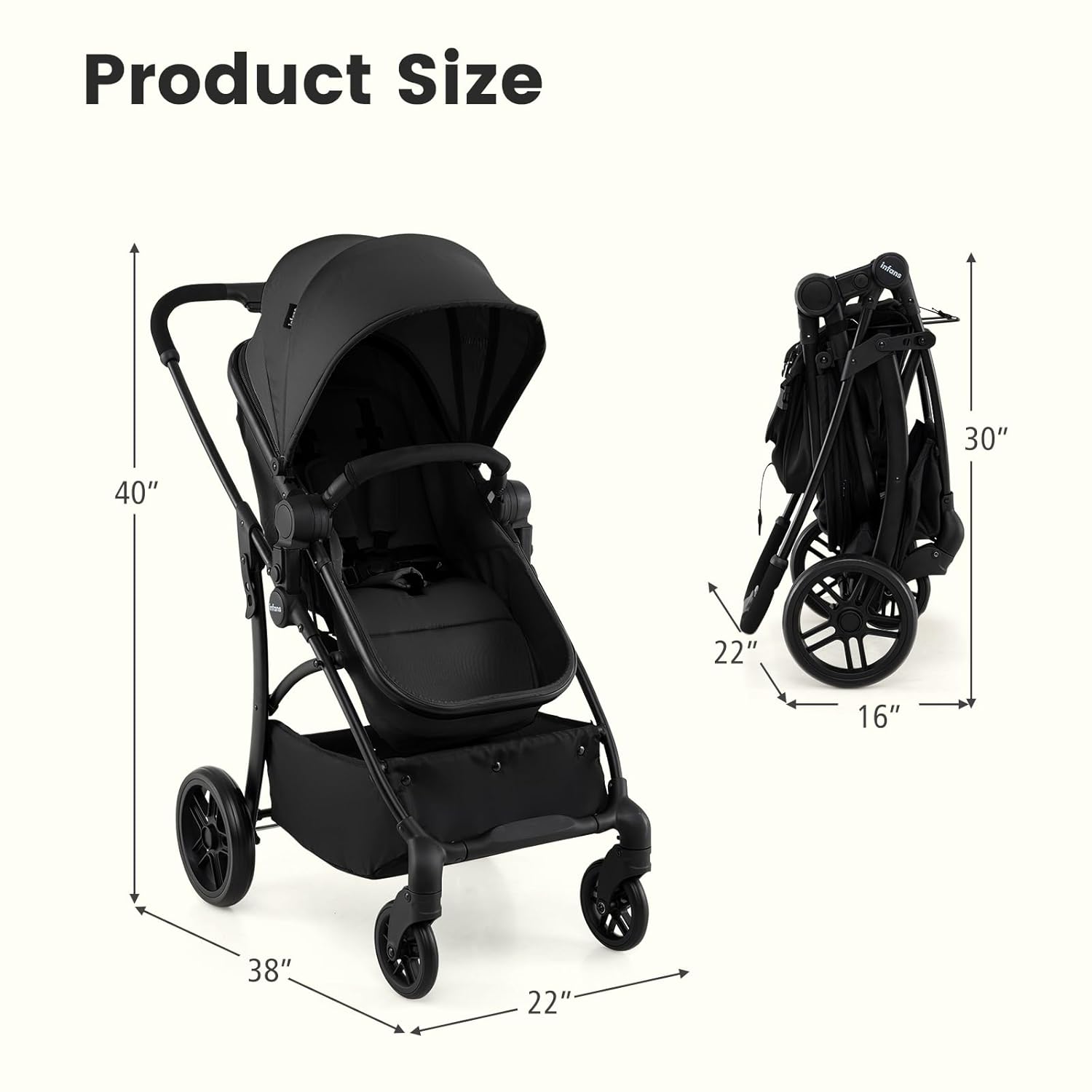 INFANS 2 in 1 Baby Stroller, Convertible Stroller with Reversible Seat Adjustable Backrest Canopy One Hand Fold