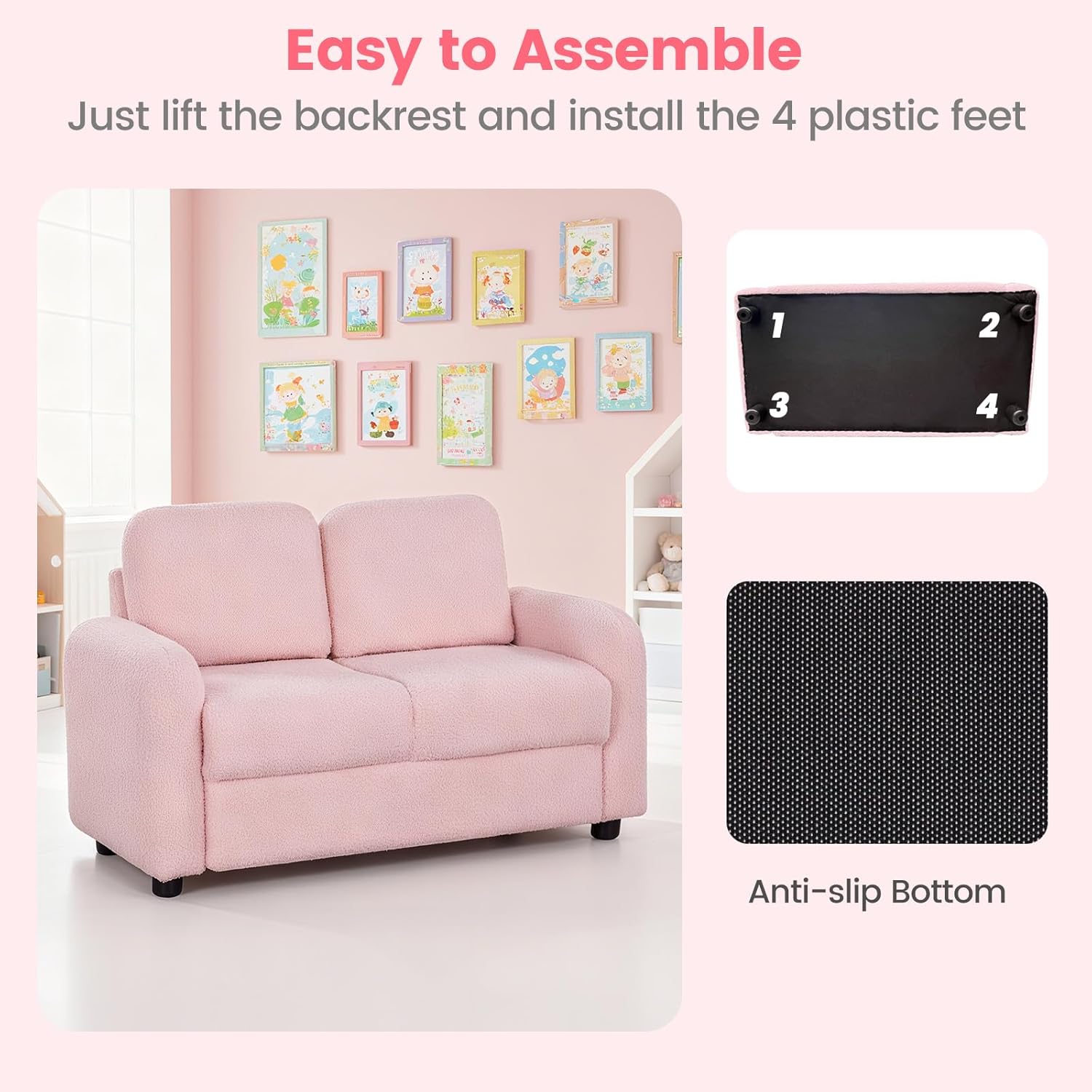 INFANS Kids Sofa, 2 Seat Soft Thick Upholstered Couch with Plush Fabric Solid Wooden Frame, Armrest Chair Lounge for Playroom Kids Boys Girls