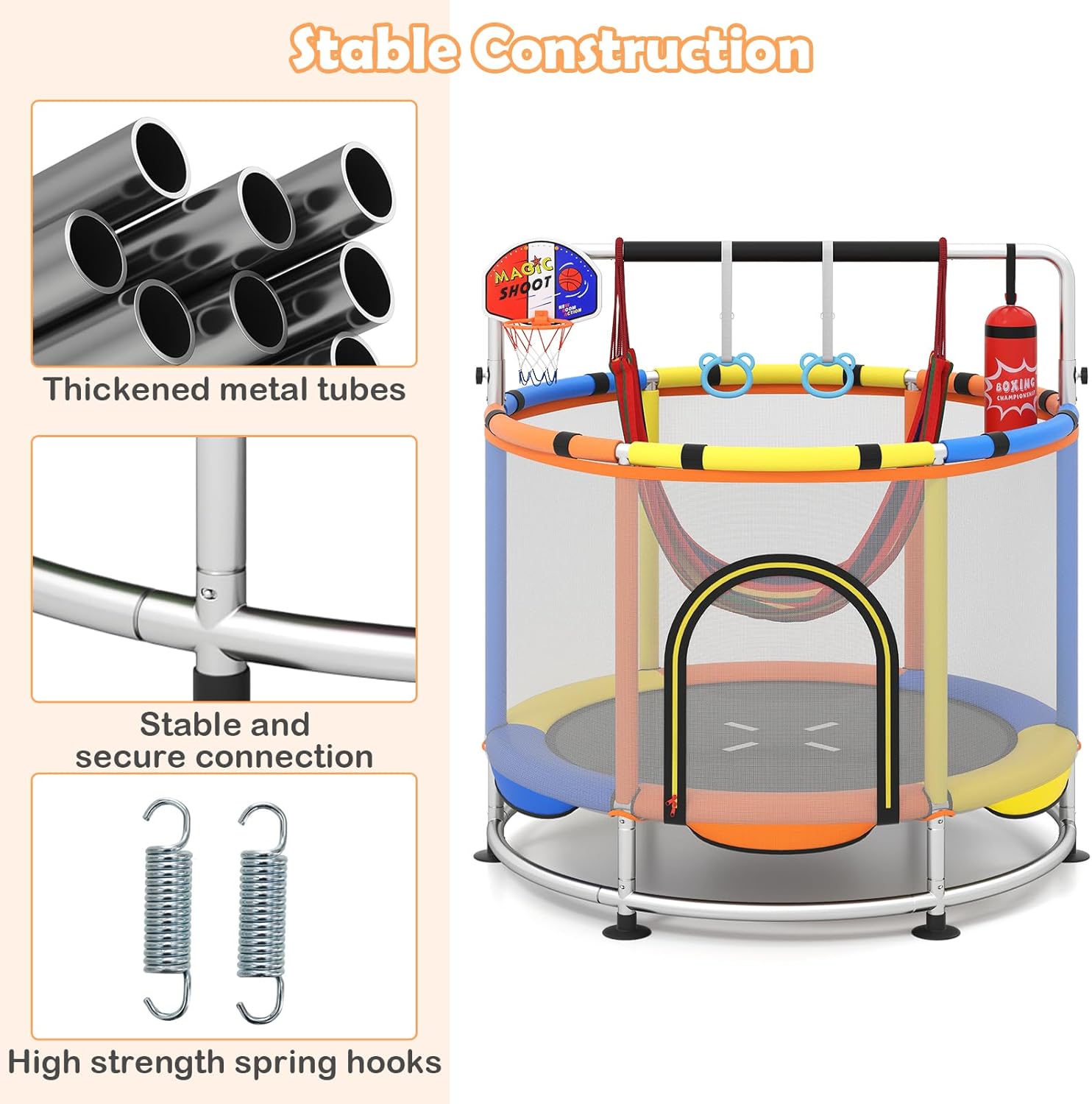 INFANS Trampoline for Kids, Indoor Outdoor Adjustable Toddler Trampoline with Safety Enclosure Net