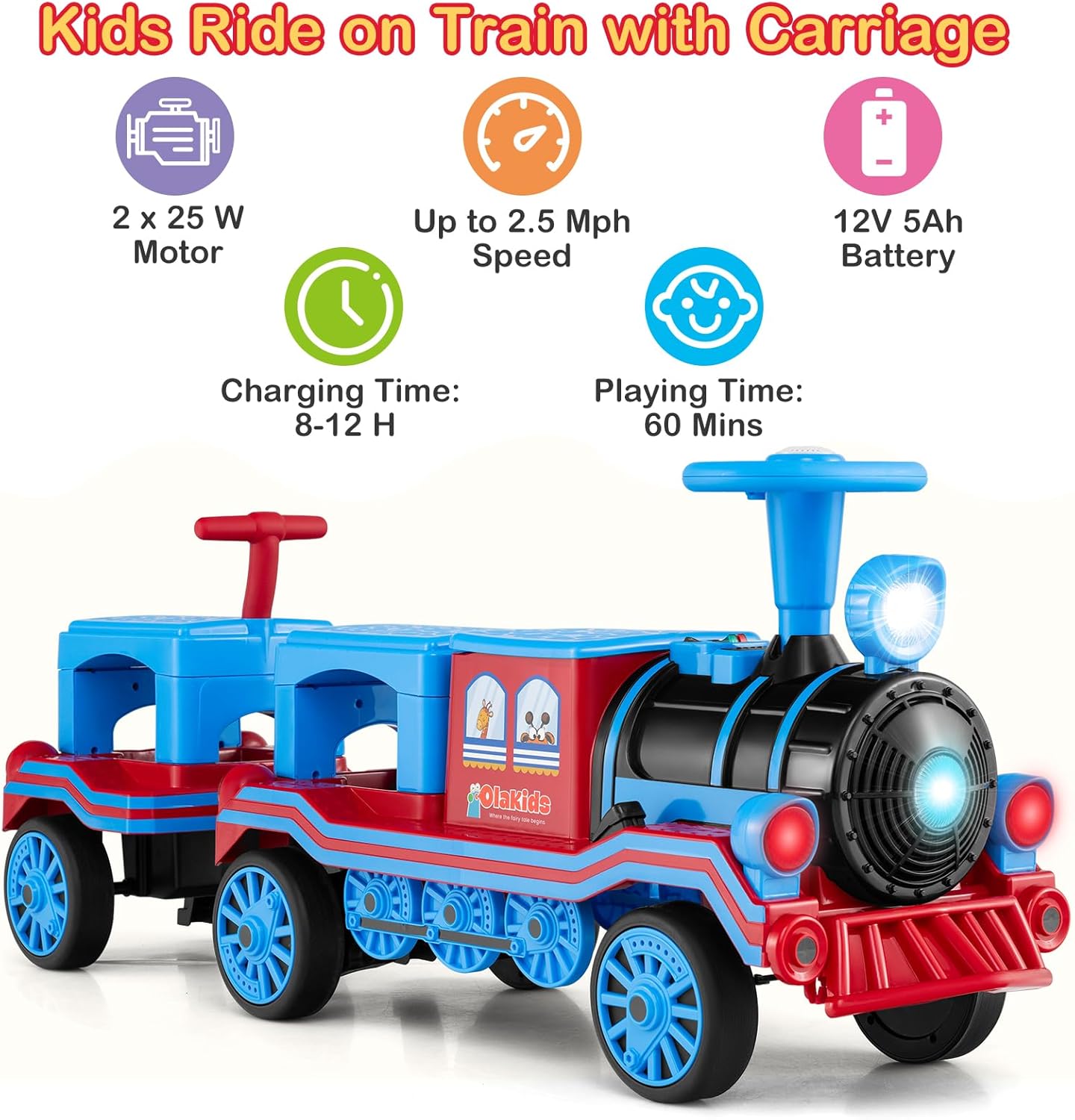 INFANS 2-Seater Kids Ride on Train Trackless, 12V Battery Powered Electric Toy with Train Whistle, Music, LED Lights, 2 Speeds, Soft Start, Gift for Toddlers Boys Girls