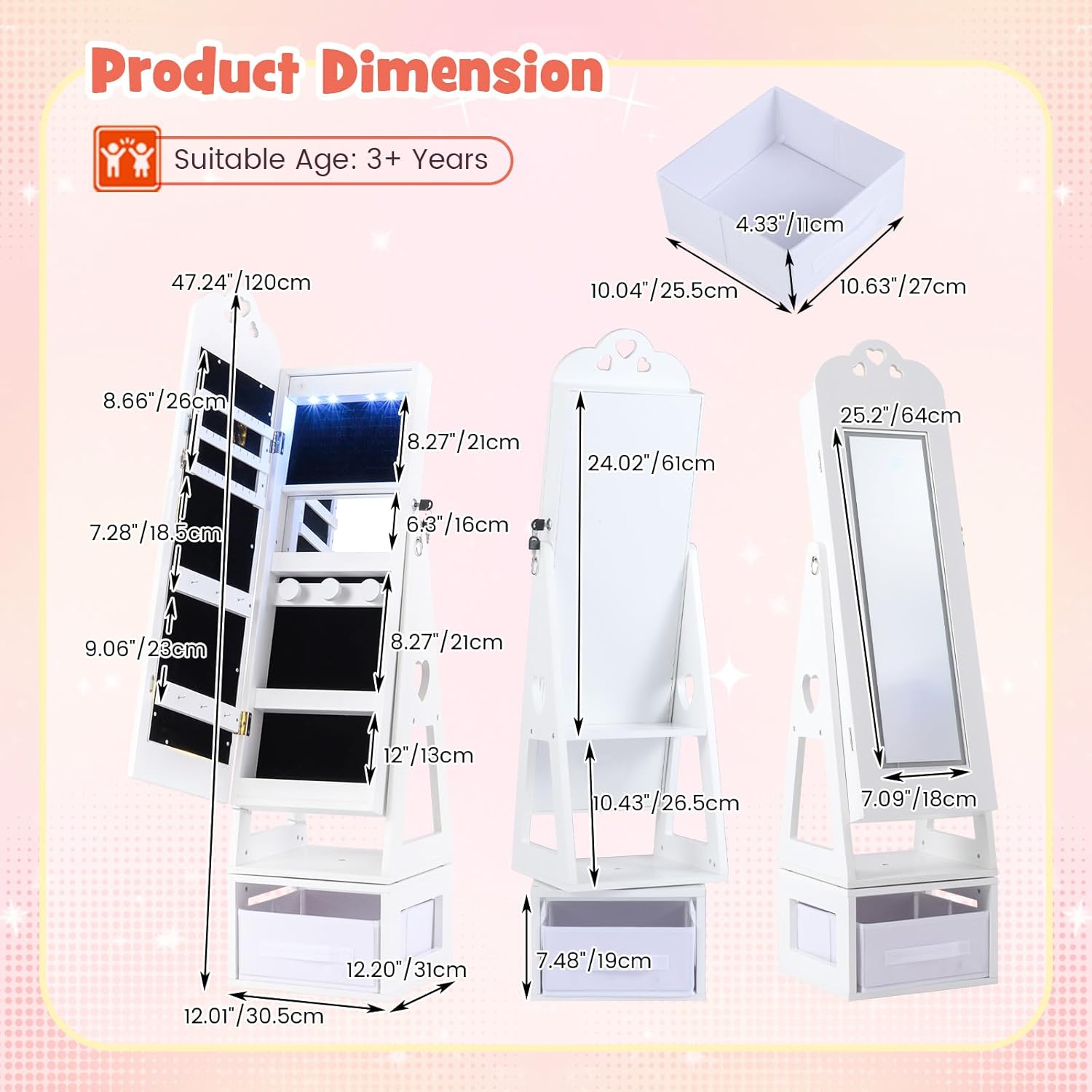 INFANS Kids Jewelry Armoire Cabinet, 360° Swivel Lockable Standing Makeup Organizer with Interior Lights, Rotatable Full-Length LED Vanity Mirror with Foldable Fabric Drawer for Girls