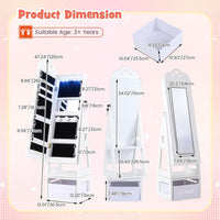 INFANS Kids Jewelry Armoire Cabinet, 360° Swivel Lockable Standing Makeup Organizer with Interior Lights, Rotatable Full-Length LED Vanity Mirror with Foldable Fabric Drawer for Girls
