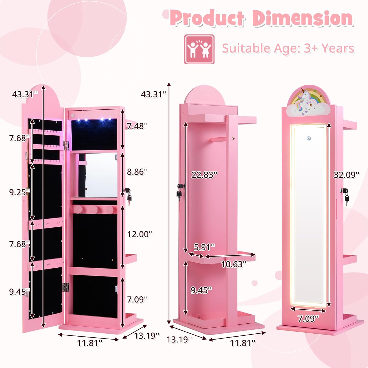 INFANS Kids Jewelry Armoire Cabinet, 360° Swivel Lockable Standing Makeup Organizer with Interior Lights, Rotatable Full-Length LED Vanity Mirror with Foldable Fabric Drawer for Girls