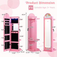 INFANS Kids Jewelry Armoire Cabinet, 360° Swivel Lockable Standing Makeup Organizer with Interior Lights, Rotatable Full-Length LED Vanity Mirror with Foldable Fabric Drawer for Girls