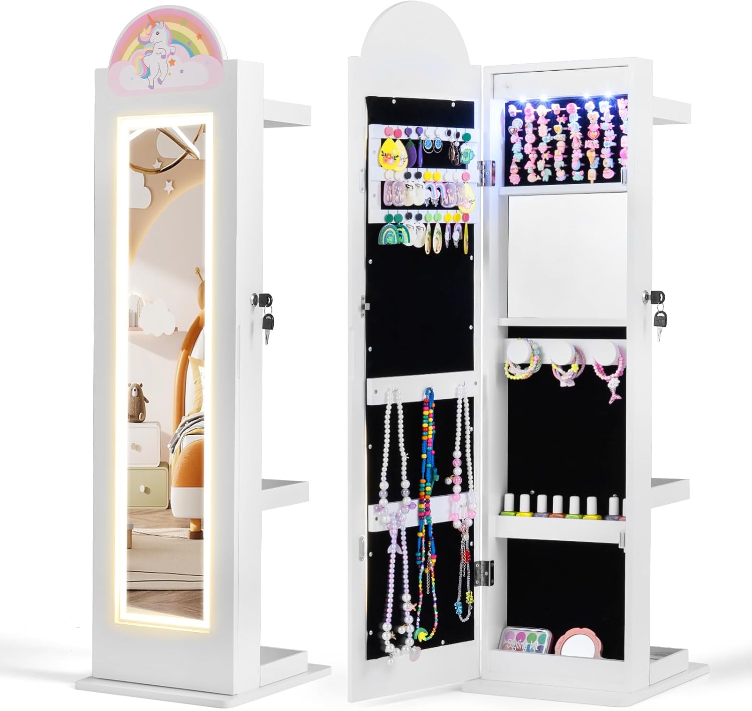 INFANS Kids Jewelry Armoire Cabinet, 360° Swivel Lockable Standing Makeup Organizer with Interior Lights, Rotatable Full-Length LED Vanity Mirror with Foldable Fabric Drawer for Girls