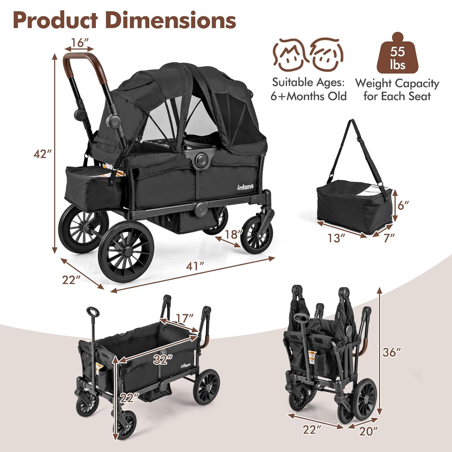 INFANS Wagon Stroller for 2 Kids, Collapsible Adjustable Push Pull Handle Bar, 2 Seater Stroller Wagon