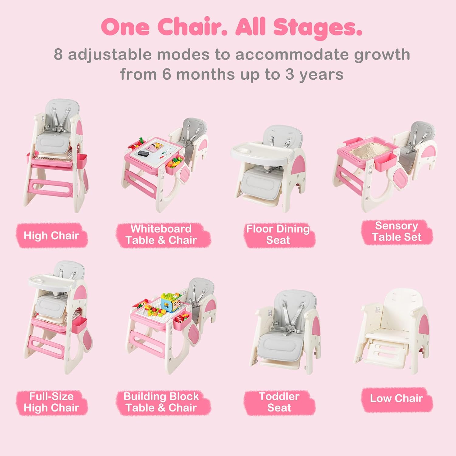 INFANS 8-in-1 Baby High Chair - Table & Chair Convertible, Whiteboard & Block Top for Dining Studying Playing