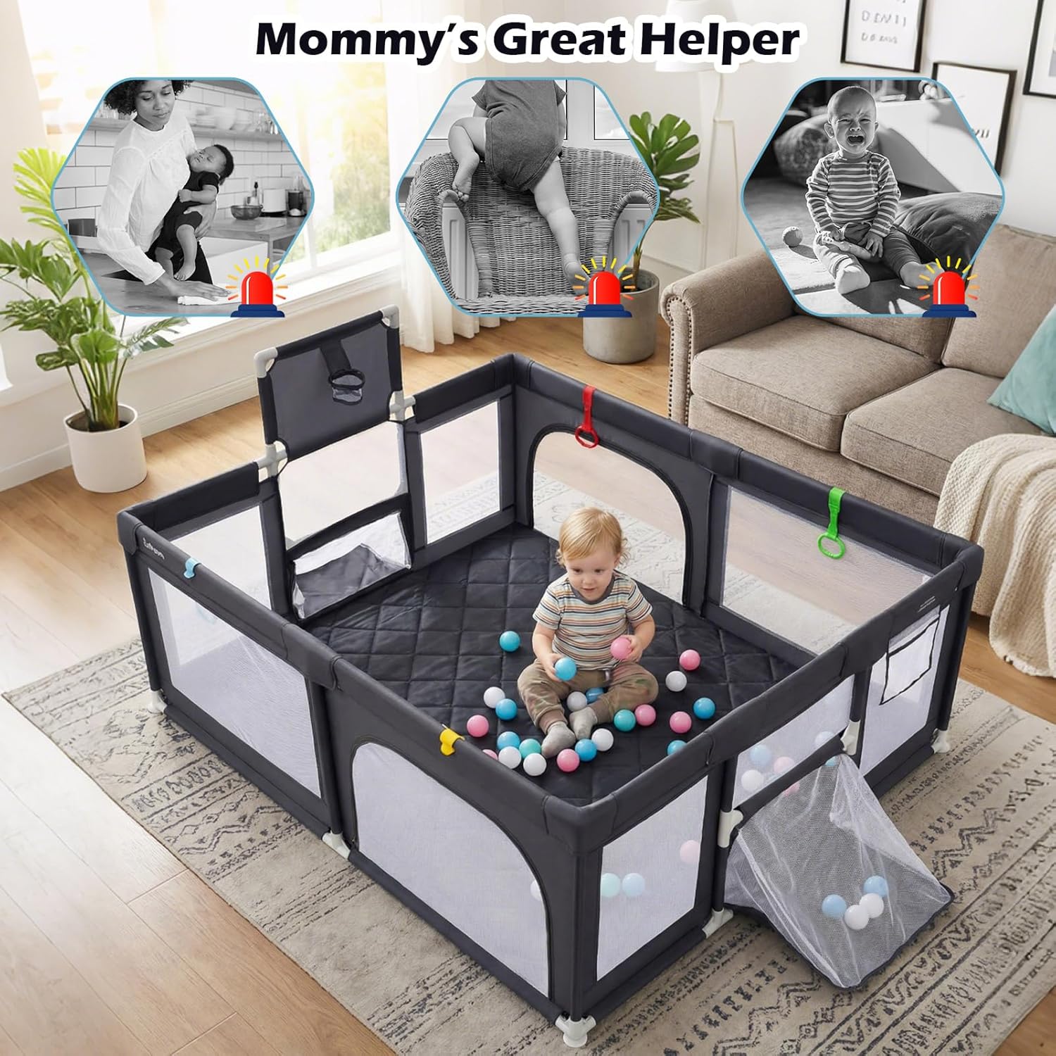 INFANS 74" x 62" Baby Playpen with Soft Mat, Basketball Hoop, 2 Soccer Goals, 4 Handles & 50 Ocean Balls