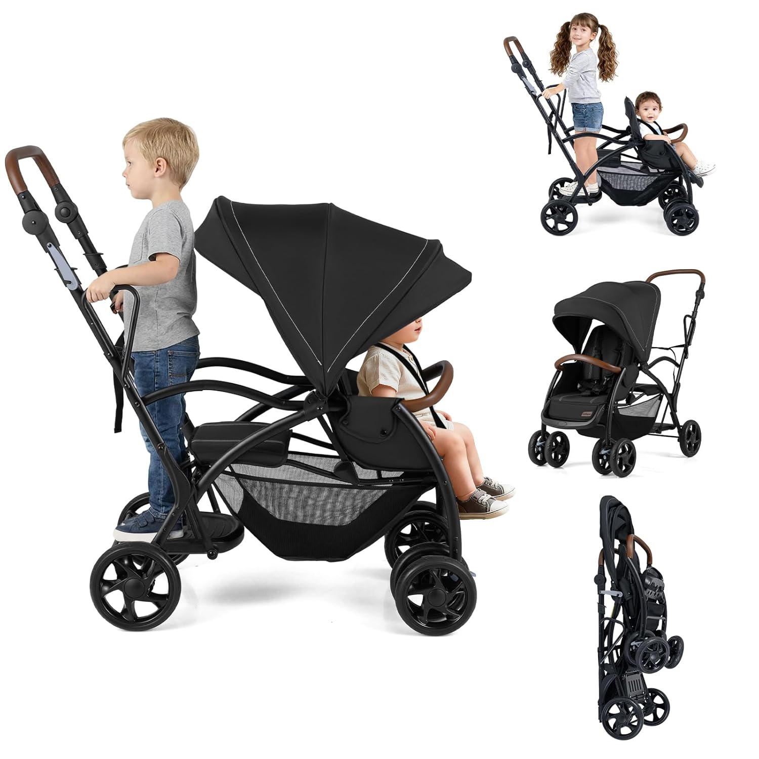 INFANS Double Stroller with Leather Handle, Front Seat 2-Position Recline, Dual Rear Brakes and Lockable Front Wheels