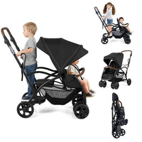 INFANS Double Stroller with Leather Handle, Front Seat 2-Position Recline, Dual Rear Brakes and Lockable Front Wheels