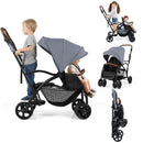 INFANS Double Stroller with Leather Handle, Front Seat 2-Position Recline, Dual Rear Brakes and Lockable Front Wheels