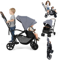 INFANS Double Stroller with Leather Handle, Front Seat 2-Position Recline, Dual Rear Brakes and Lockable Front Wheels
