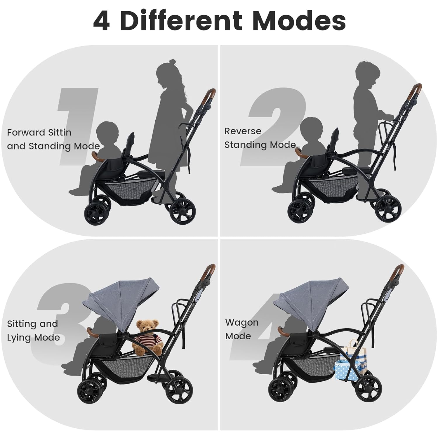 INFANS Double Stroller with Leather Handle, Front Seat 2-Position Recline, Dual Rear Brakes and Lockable Front Wheels