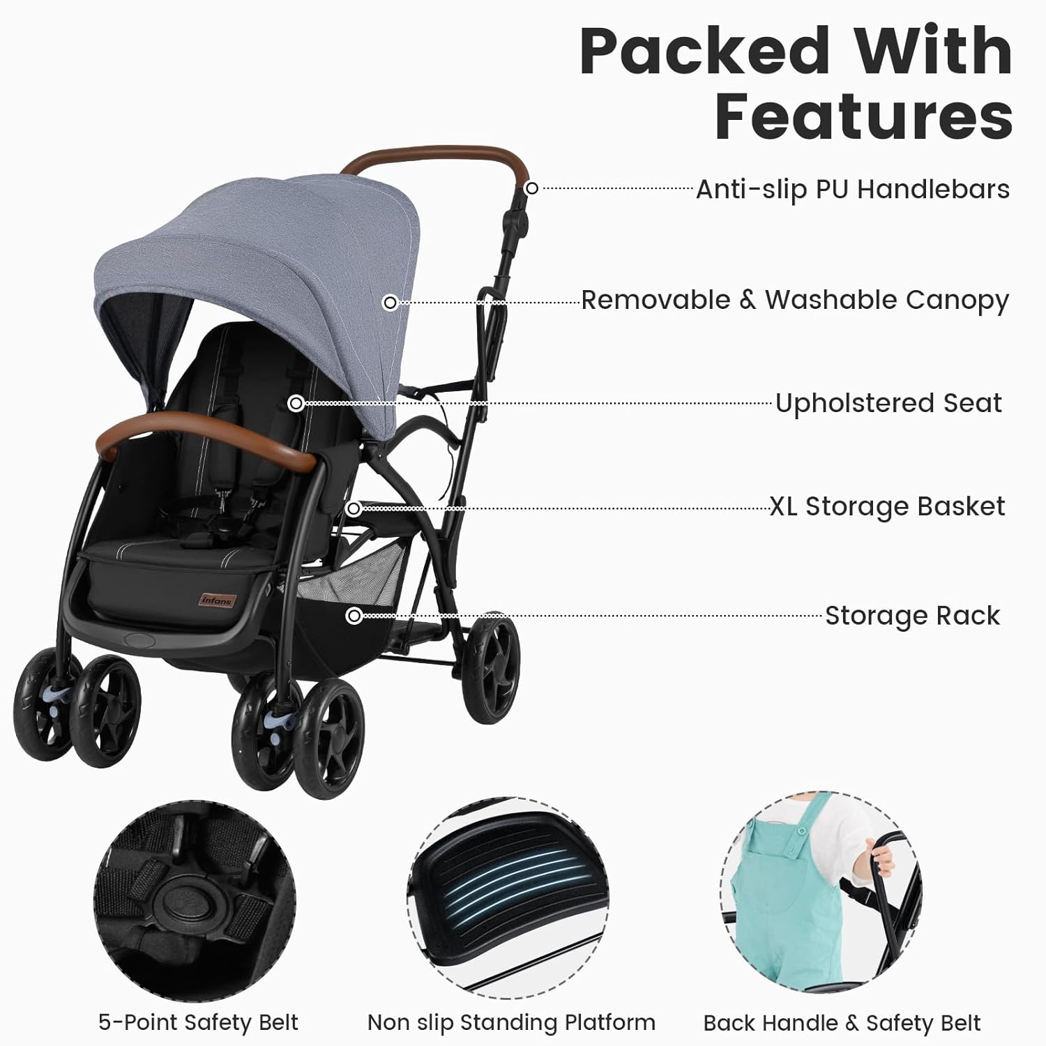 INFANS Double Stroller with Leather Handle, Front Seat 2-Position Recline, Dual Rear Brakes and Lockable Front Wheels