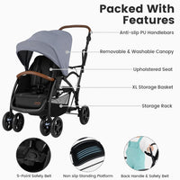 INFANS Double Stroller with Leather Handle, Front Seat 2-Position Recline, Dual Rear Brakes and Lockable Front Wheels