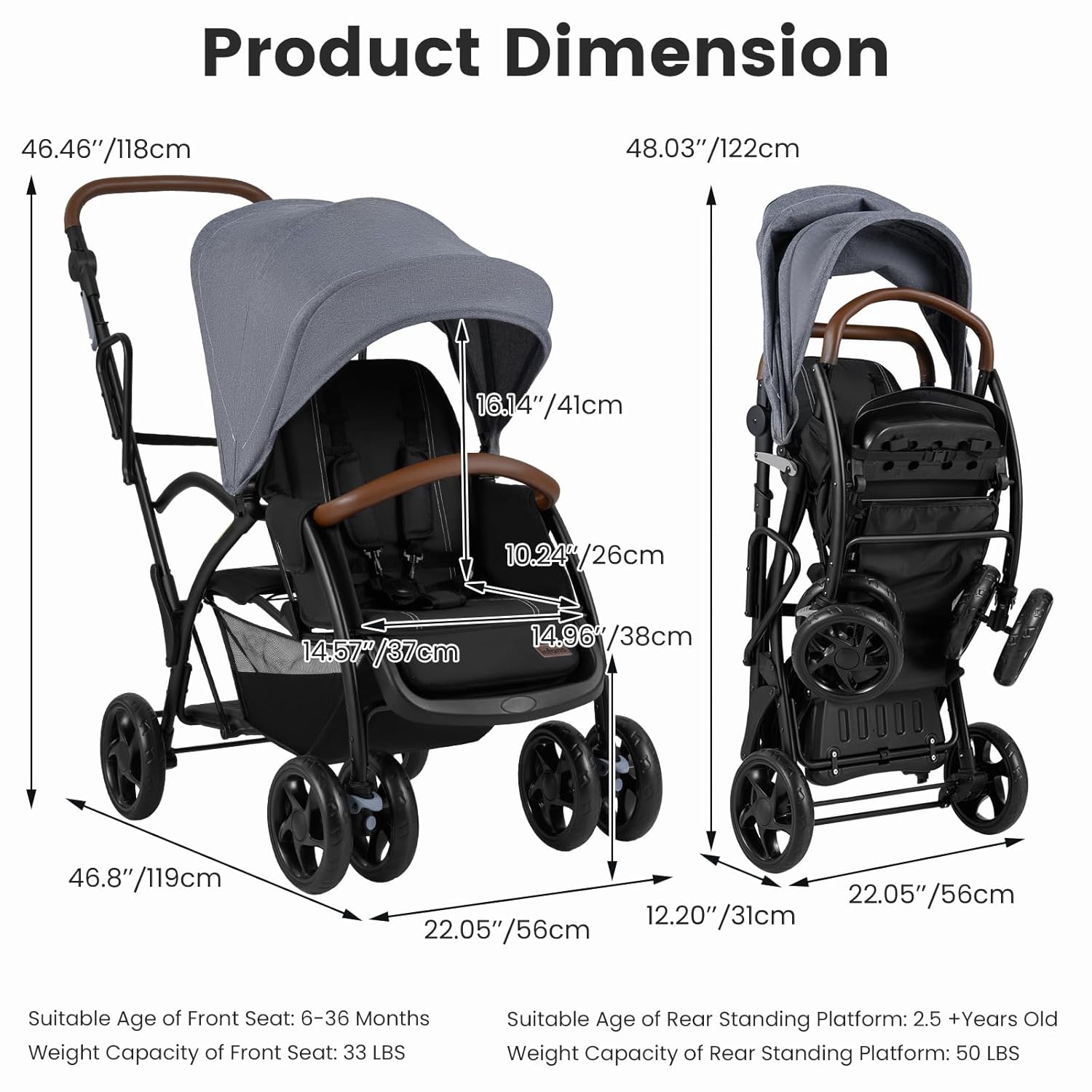 INFANS Double Stroller with Leather Handle, Front Seat 2-Position Recline, Dual Rear Brakes and Lockable Front Wheels
