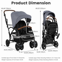 INFANS Double Stroller with Leather Handle, Front Seat 2-Position Recline, Dual Rear Brakes and Lockable Front Wheels